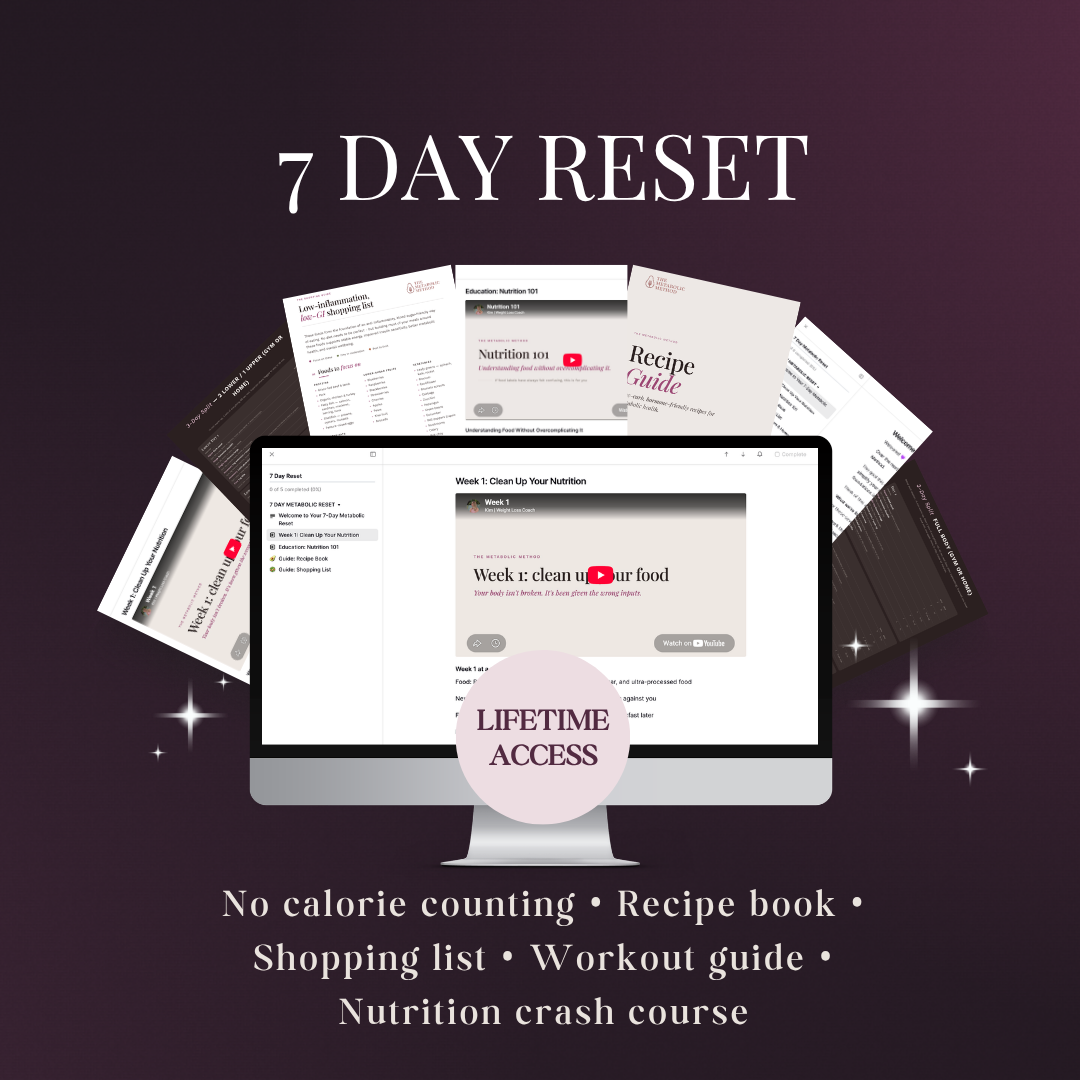 The 7 Day Reset course: lessons, recipe guide, shopping list and workout guide, with lifetime access